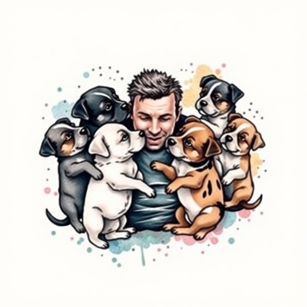 A tattoo design of Seven puppies playing with one man in the style of watercolor. - animals tattoo design generated by AI tattoo generator