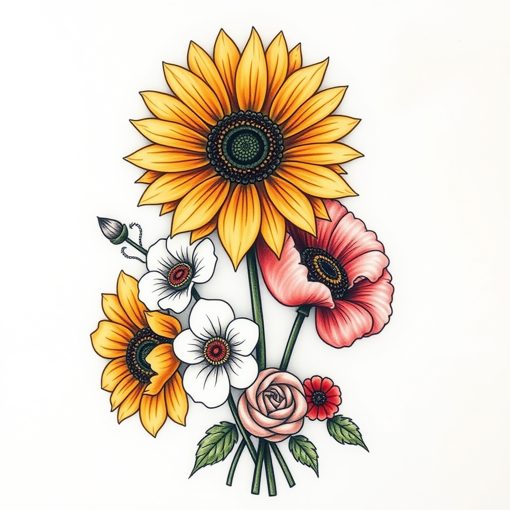 A tattoo design of Sunflowers,  poppies and forget me knots  in the style of realistic. - flowers tattoo design generated by AI tattoo generator