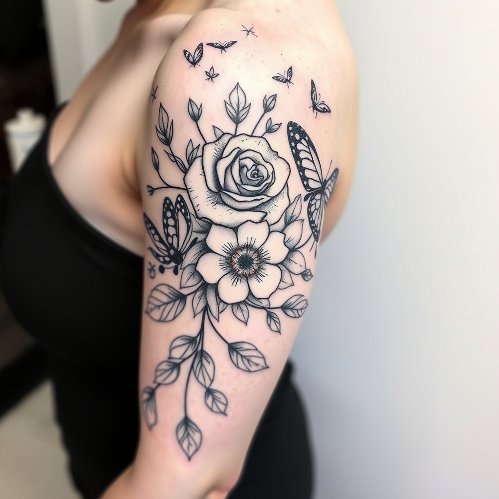 A tattoo design of A nice full half sleeve tattoo on the upper arm with rose's, butterfly's and minimalist vine leafs in black and white with fine line in the style of blackwork. - flower and nature tattoo design generated by AI tattoo generator