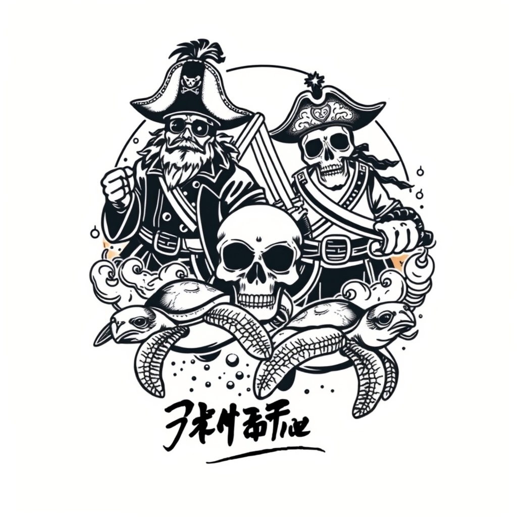 A tattoo design of Pirates, sea turtles & two names in the style of japanese. - ocean life tattoo design generated by AI tattoo generator