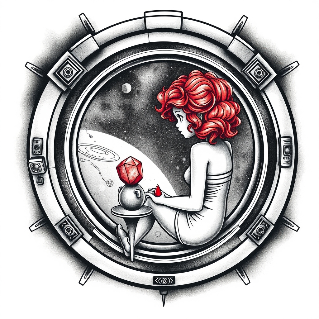 A tattoo design of Black and grey style. Redhead girl with curly hair sitting in a small space capsule alone. Floating through space with nothing to keep her company but a thing red ruby which she keeps on the small table by the porthole window. They are both sitting by the window peering out on an unknown planet. in the style of blackwork. - space travel tattoo design generated by AI tattoo generator