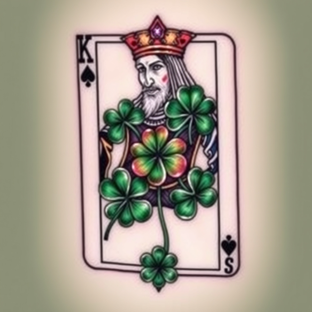 A tattoo design of I would like a 3 dimensional photo realistic playing card, the king of 4 leaf clovers, with black, green, and purple ink, maybe some white ink for highlighting. NO red ink. in the style of abstract. - playing cards tattoo design generated by AI tattoo generator