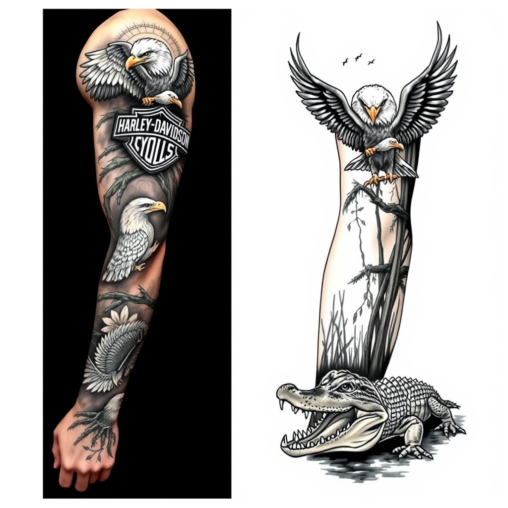 A tattoo design of Right arm full sleeve with the upper containing Harley Davidson theme with eagles mixed with the lower of Florida cypress swamp theme with alligator in the style of realistic. - motorcycle and wildlife tattoo design generated by AI tattoo generator
