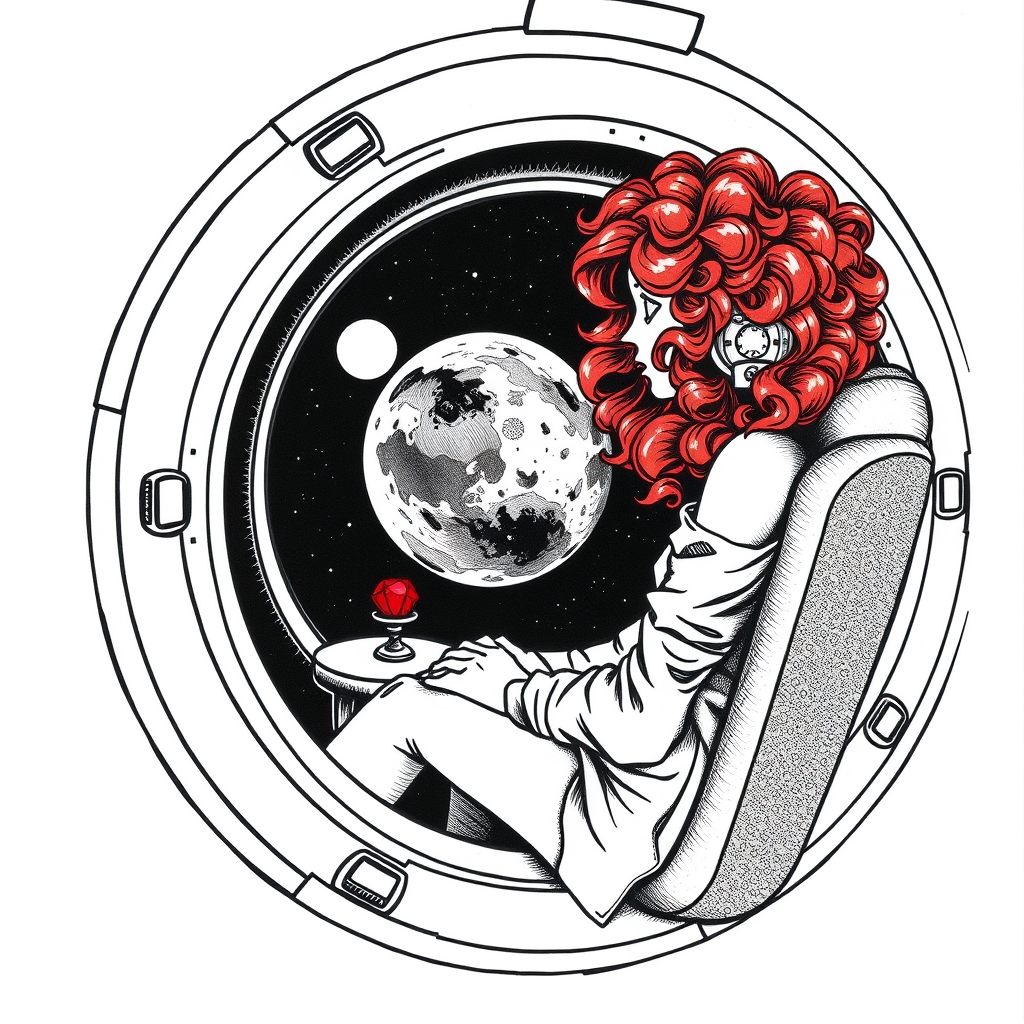 A tattoo design of Black and grey style. Redhead girl with curly hair sitting in a small space capsule alone. Floating through space with nothing to keep her company but a thing red ruby which she keeps on the small table by the porthole window. They are both sitting by the window peering out on an unknown planet. in the style of blackwork. - space travel tattoo design generated by AI tattoo generator
