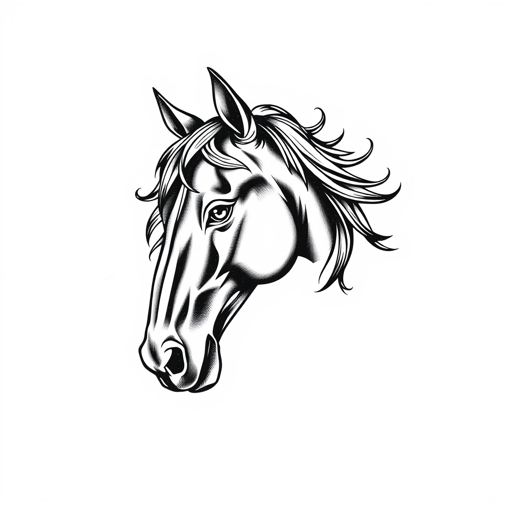 A tattoo design of horse head vintage tattoo on white background in the style of blackwork. - animal art tattoo design generated by AI tattoo generator