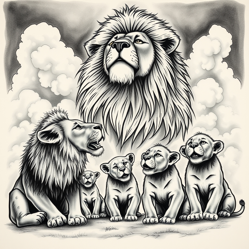 A tattoo design of Lion in the clouds looking down on his lions son and his 6 lion cubs in the style of realistic. - animal family tattoo design generated by AI tattoo generator
