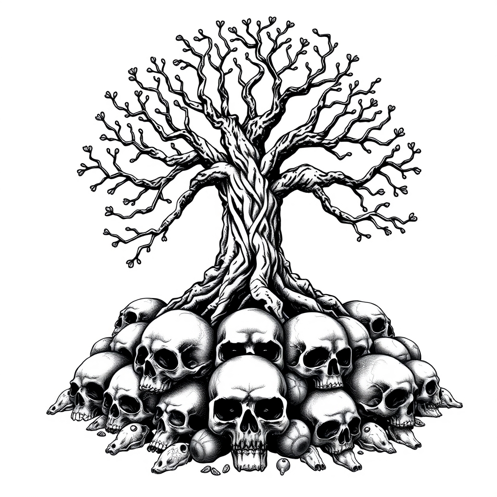 A tattoo design of Large Yggdrasil growing from a pile of skulls in the style of blackwork. - mythology tattoo design generated by AI tattoo generator