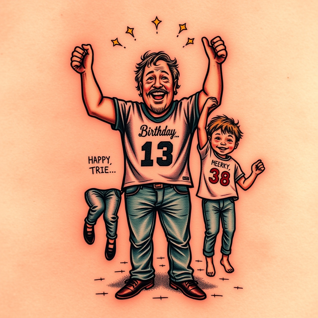 A tattoo design of A father lifting his 3 kids showing their birthdays in the style of surrealistic. - family portrait tattoo design generated by AI tattoo generator