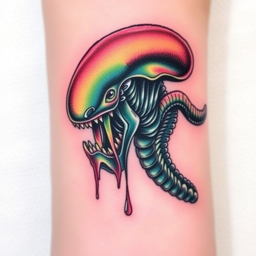 A tattoo design of Neon colored xenomorph with acid dripping from bloody teeth small enough to go on wrist in the style of realistic. - alien creature tattoo design generated by AI tattoo generator