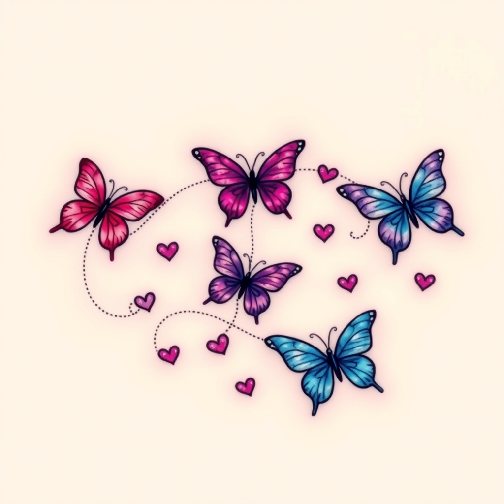 A tattoo design of Different colored butterflies (specifically pink, purple and blue) connected with loops of dotted lines to represent flying and tiny hearts and swirls in between the spaces in the style of realistic. - butterflies and hearts tattoo design generated by AI tattoo generator