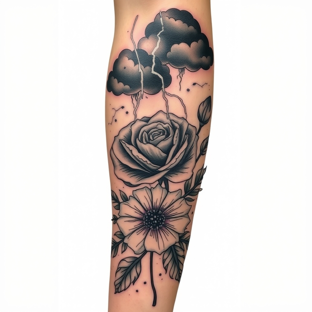 A tattoo design of Lightning & Clouds	Layered shading: deep black for clouds, negative-space lightning glow Names & Vines	Script matching arm flow; thin line weight contrasted with bold outlines Rose & Poppy	Bold outlines with dotwork/shading in petals; fine-line detail for poppy Mist & Texture	Dotwork/stippling around florals and vines to suggest mist Composition	Full wrap around arm with tapering density toward elbow/wrist for balance in the style of realistic. - tattoo design tattoo design generated by AI tattoo generator