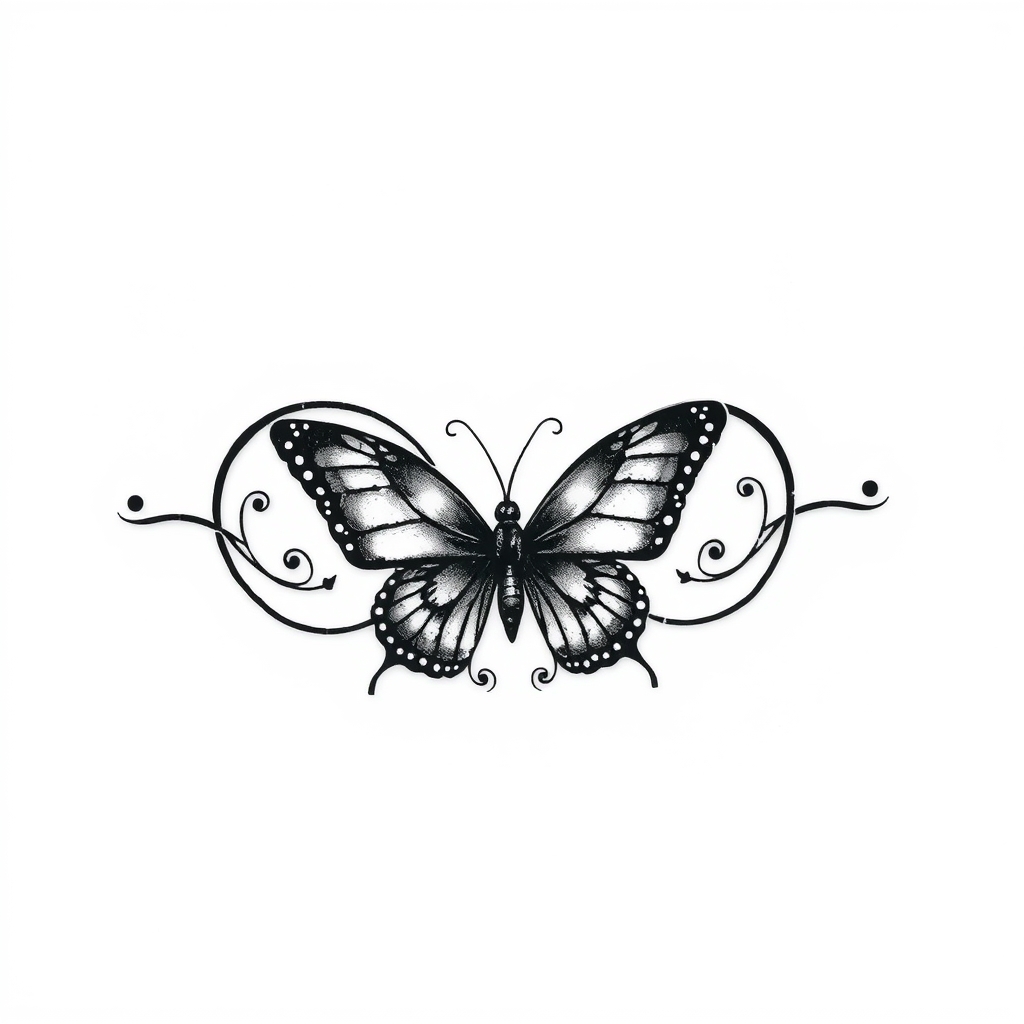 A tattoo design of Infinity symbol with the name Aaron and butterfly in the style of blackwork. - symbolic memorial tattoo design generated by AI tattoo generator