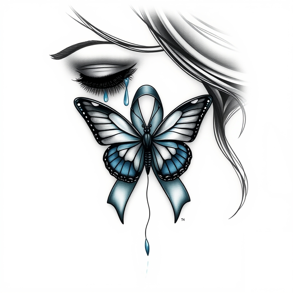 A tattoo design of A woman crying with the domestic awareness ribbon with a butterfly entwined together in the style of realistic. - domestic violence awareness tattoo design generated by AI tattoo generator