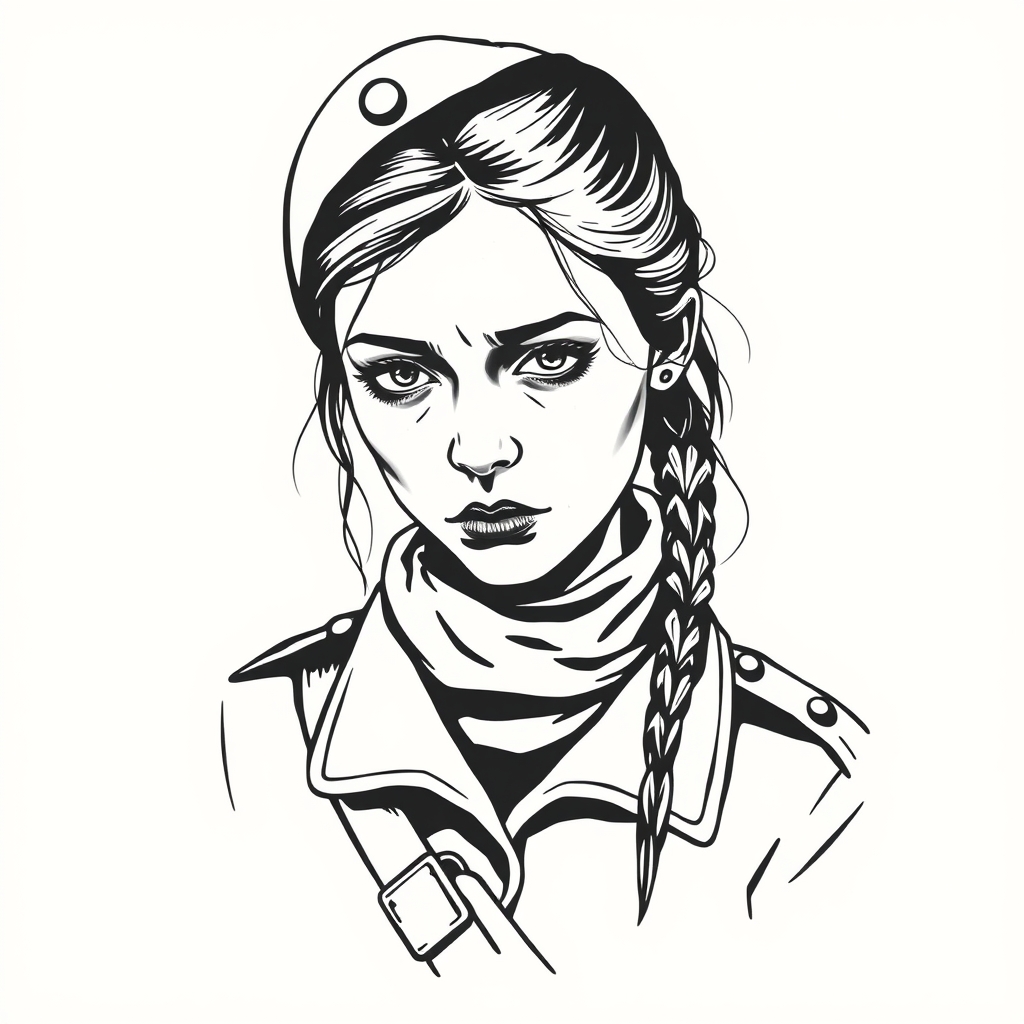 A tattoo design of Ukranian Soldier girl sad in the style of minimalist. - ukrainian soldier tattoo design generated by AI tattoo generator