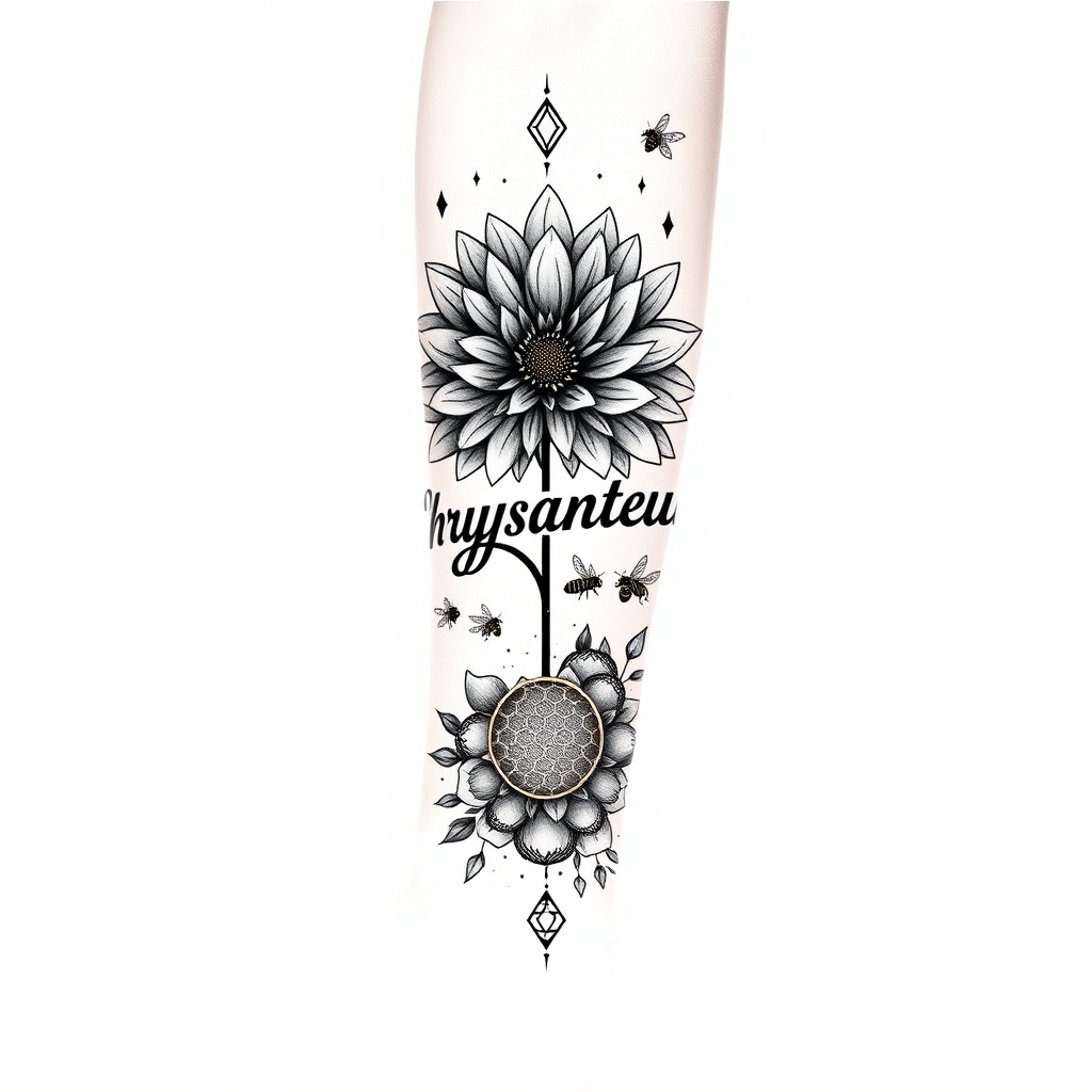 A tattoo design of Chrysanthemum flower, the word Chrysanthemum, bees, honeycomb forearm and hand in the style of geometric. - botanical flower tattoo design generated by AI tattoo generator