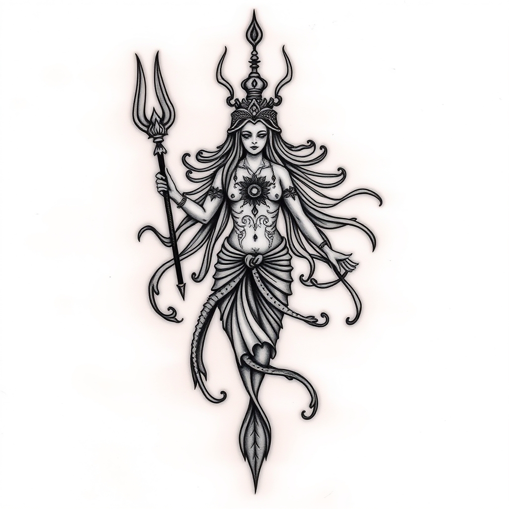 A tattoo design of Water deity in the style of blackwork. - mythology tattoo design generated by AI tattoo generator