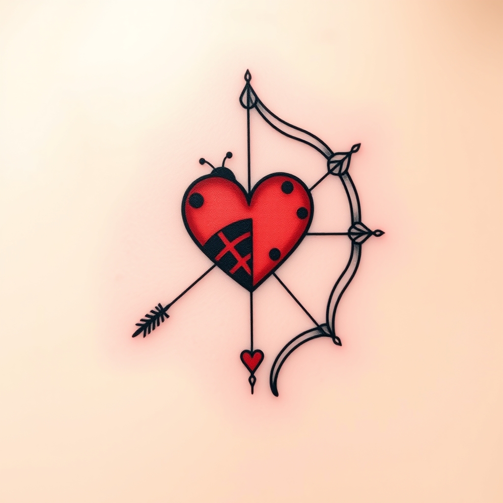 A tattoo design of love heart archery bow ladybug in the style of minimalist. - symbolic motifs tattoo design generated by AI tattoo generator