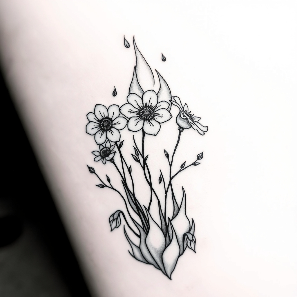 A tattoo design of Flowers growing amongst a fire. Disaster everything and yet there is beauty. A black and white fine line tattoo in the style of minimalist. - nature contrast tattoo design generated by AI tattoo generator