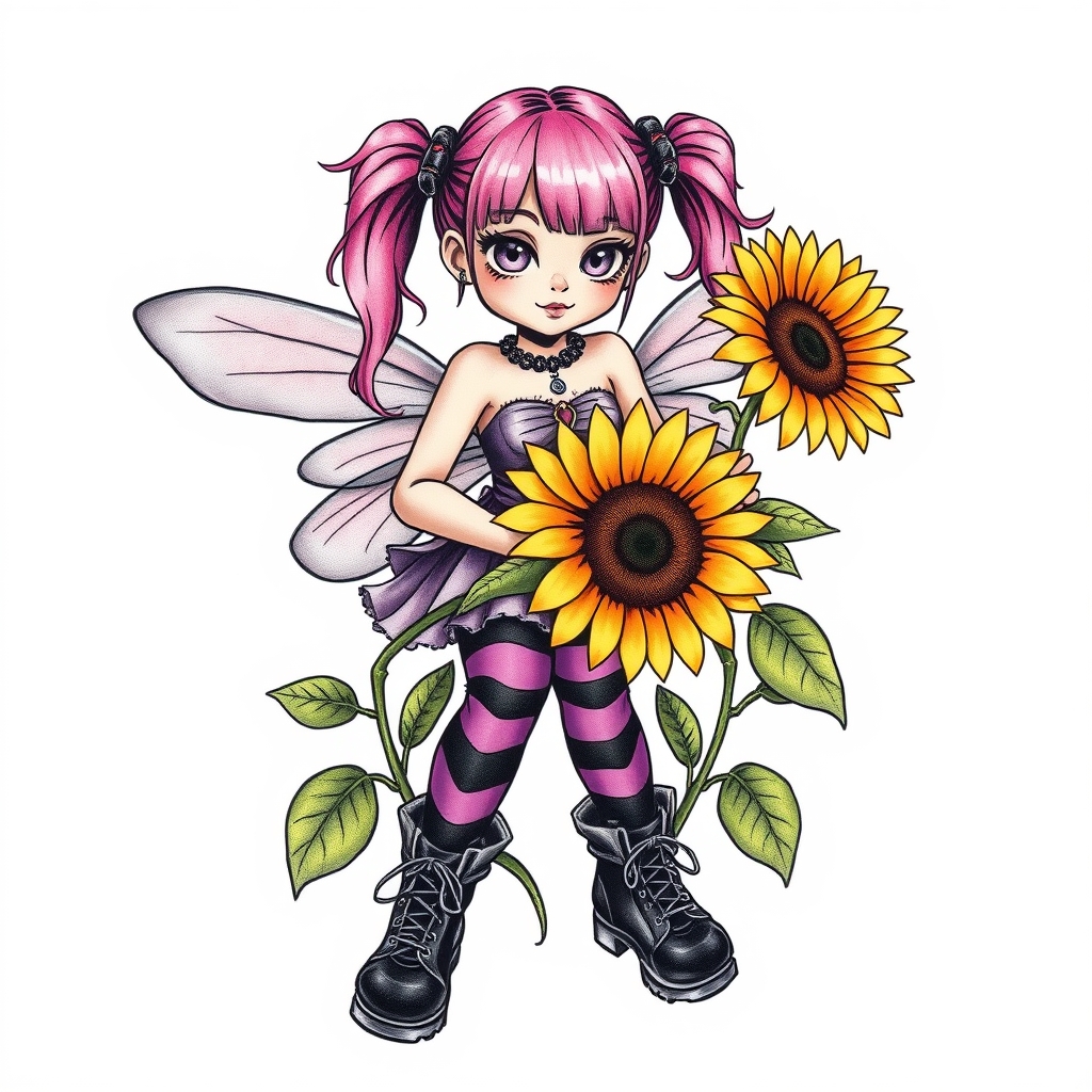 A tattoo design of Punk flower fairy. Facing forward looking strong. Pink hair in pigtails, dressed in purple and black  purple striped tights and dm boots holding sunflowers in the style of realistic. - fairy tattoo design generated by AI tattoo generator