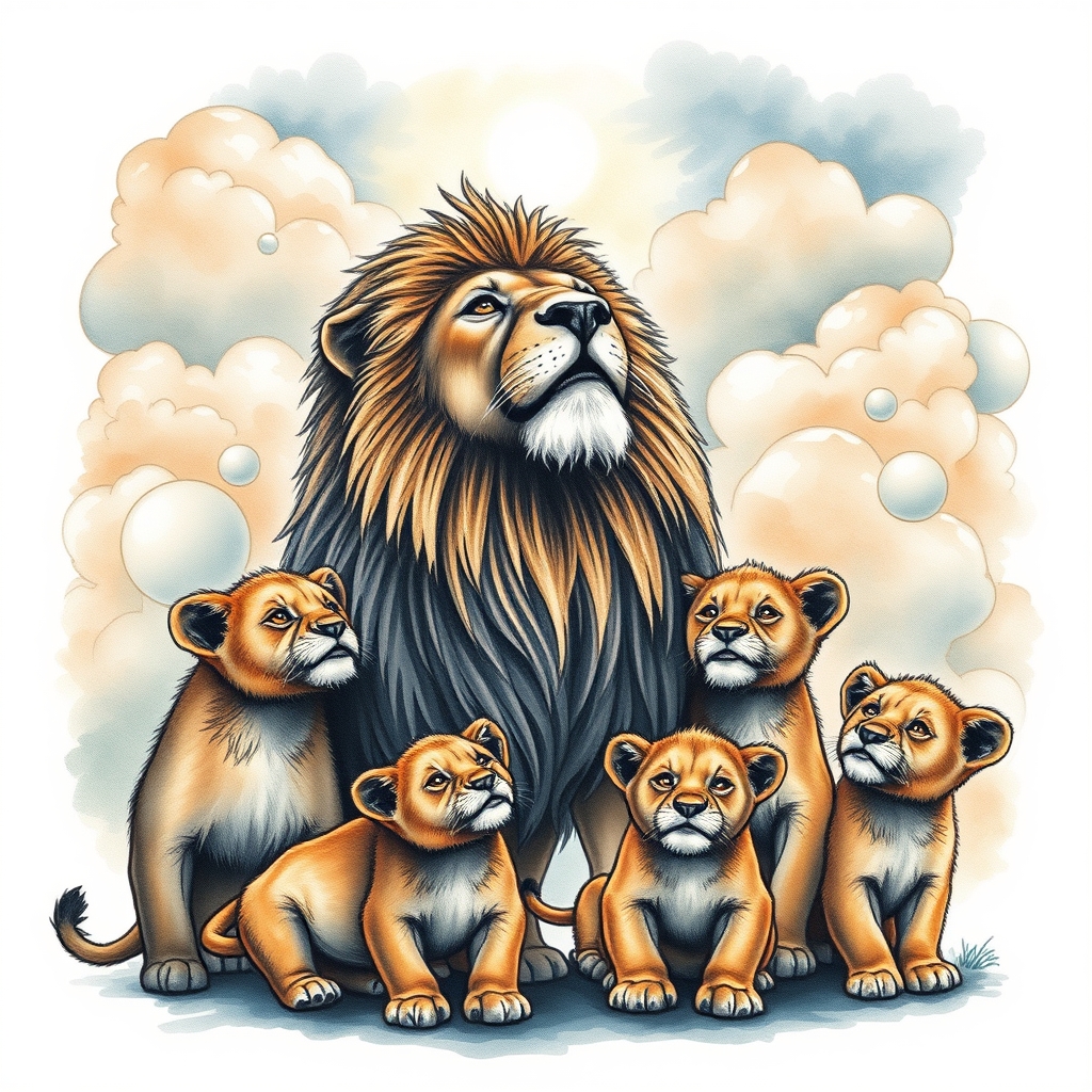 A tattoo design of Grandpa Lion in the clouds looking down on his lion son and his 6 lion cubs  in the style of watercolor. - wildlife family tattoo design generated by AI tattoo generator