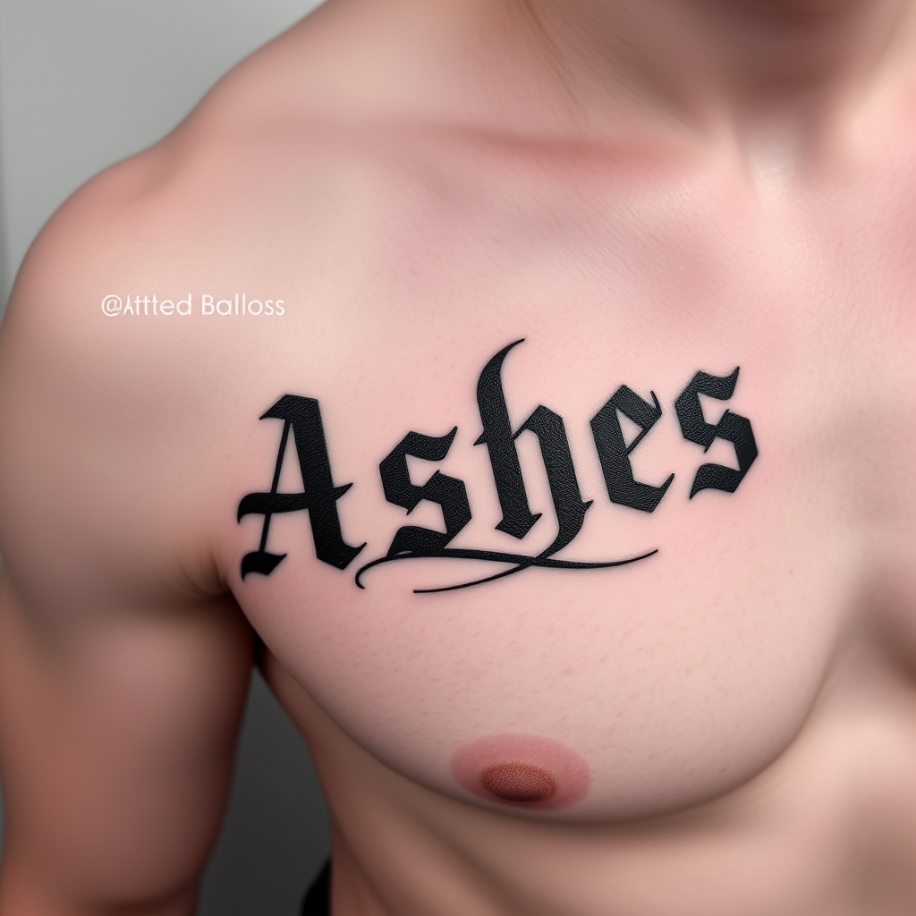 A tattoo design of Words "Ashes 222 Ashes" on left pectoralis in the style of blackwork. - text tattoo design generated by AI tattoo generator