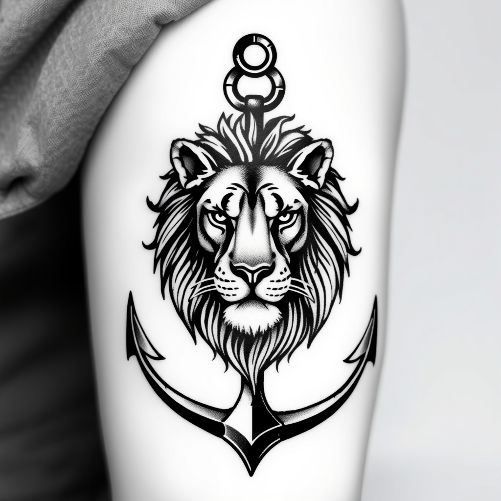 A tattoo design of Tangled mind, anchored hart simple tattoo. Use a lion or something fierce in the tattoo. Black and white  in the style of realistic. - mental health symbolism tattoo design generated by AI tattoo generator