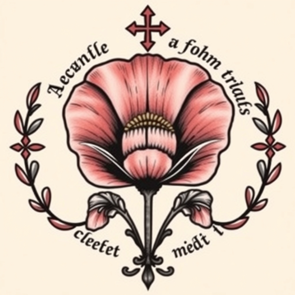 A tattoo design of XV: XI: MMXXI Isabella Poppy  deus meus est sacramentum, dedita deo  in the style of traditional. - latin phrase tattoo design generated by AI tattoo generator