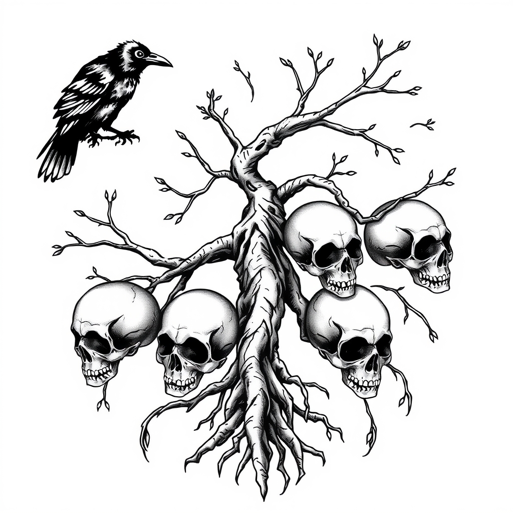 A tattoo design of ⠀⠀⠀⠀⠀⠀⠀⠀⠀⠀⠀⠀⠀ Raven ──🌿 Branch with raven facing outward ⠀⠀⠀⠀⠀⠀⠀⠀⠀▾ ⠀⠀⠀⠀⠀⠀⠀⠀⠀Yggdrasil trunk (slender, cracked) ⠀⠀⠀⠀⠀⠀⠀⠀⠀▾⠀⠀⠀⠀⠀⠀⠀⠀⠀ ⠀⠀⠀⠀⠀⠀⠀⠀⠀Roots winding down, wrapping wrist ⠀⠀⠀⠀⠀⠀⠀⠀⠀▾ Skull 1 Skull 2 Skull 3 Skull 4 Skull 5 Skull 6 Skull 7 (plus a few optional to reach 10) ⠀⠀⠀⠀⠀⠀⠀⠀⠀(dot shading in sockets / cracks) in the style of blackwork. - tree and skulls tattoo design generated by AI tattoo generator