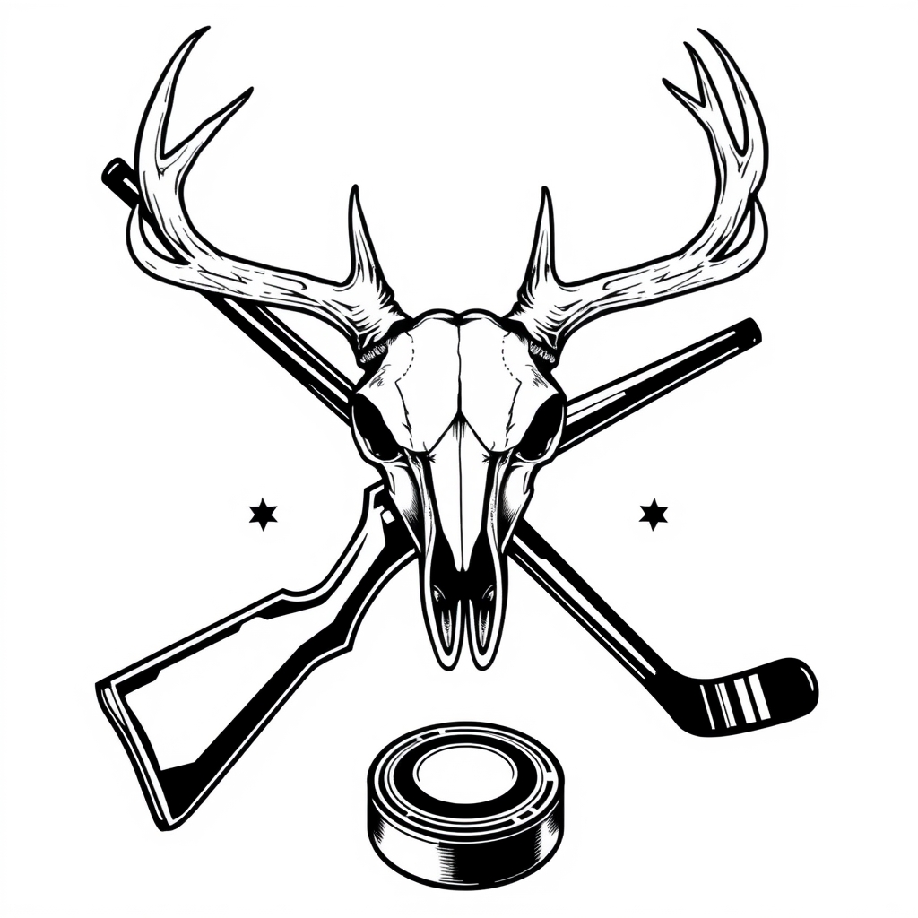 A tattoo design of a deer skull on top of the x of a lever action rifle and a hockey stick all blackout with with a white background with a hockey puck on the bottom of the x in the style of realistic. - hunting sports tattoo design generated by AI tattoo generator