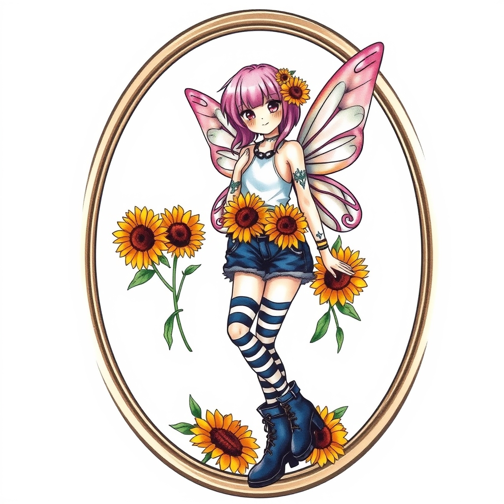 A tattoo design of Punk fairy, light pink hair,  navy jean shorts,  stripey socks, navy boots with sunflowers framed in oval picture frame  in the style of watercolor. - fairy tattoo design generated by AI tattoo generator