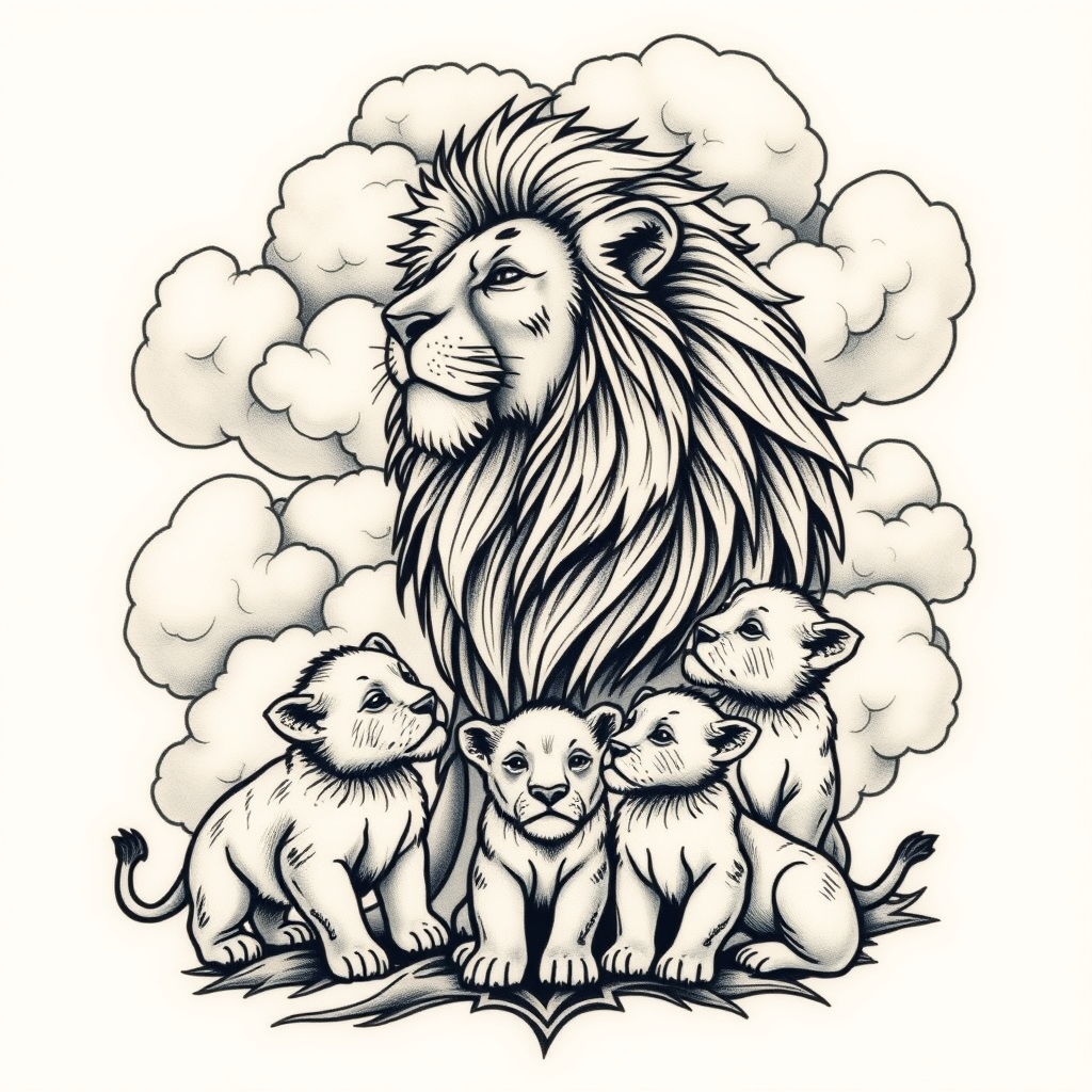 A tattoo design of Lion in the clouds looking down on his lion son and his 6 lion cubs in the style of traditional. - animals tattoo design generated by AI tattoo generator
