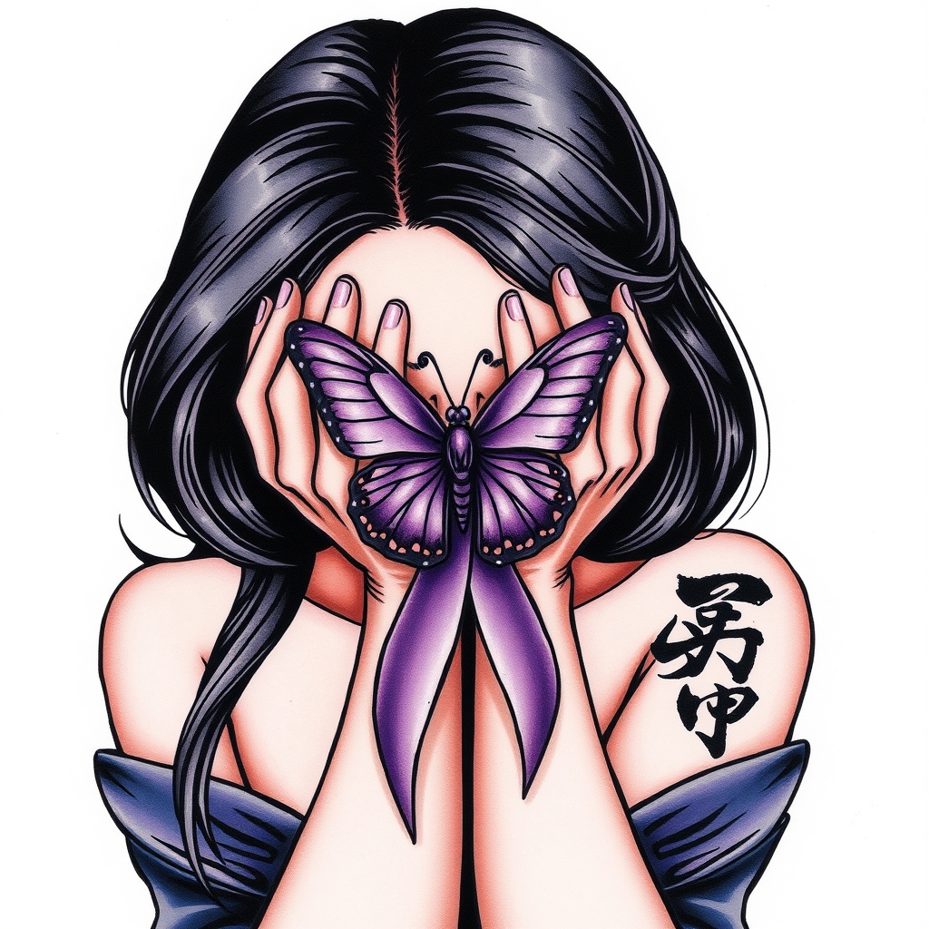 A tattoo design of Domestic violence ribbon awareness inclined together with a purple butterfly as a women hunched over her hands overing her face in the style of japanese. - domestic violence awareness tattoo design generated by AI tattoo generator