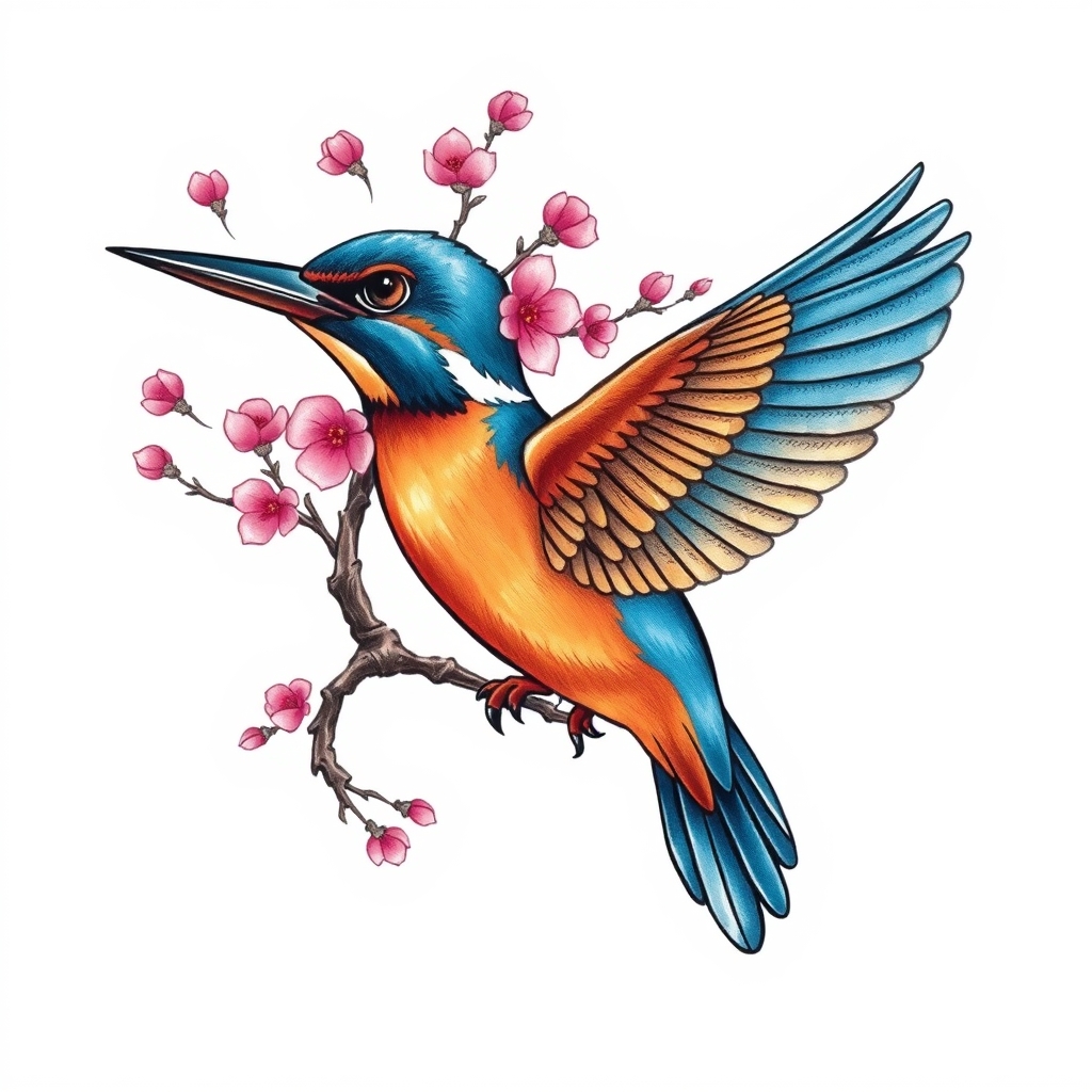 A tattoo design of blue and orange kingfisher in flight with pink cherry blossom tree in the style of traditional. - animals birds tattoo design generated by AI tattoo generator