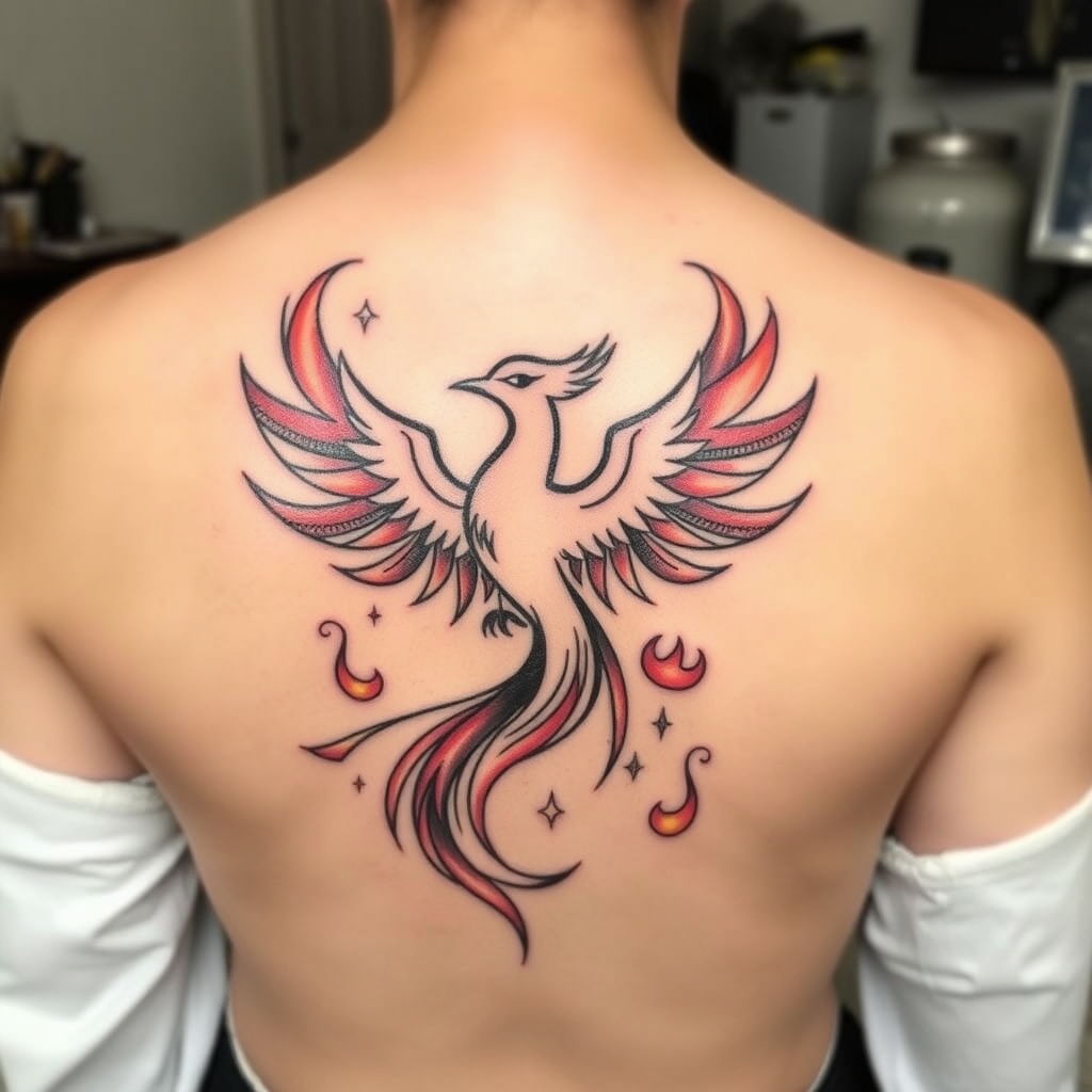 A tattoo design of pheonix, flames, whimsical in the style of minimalist. - mythical creatures tattoo design generated by AI tattoo generator