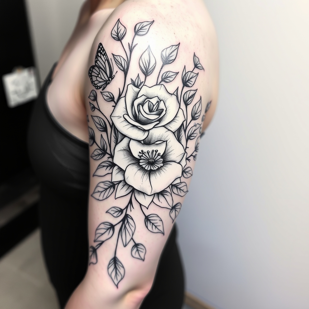 A tattoo design of A nice full half sleeve tattoo on the upper arm with rose's, butterfly's and vine leafs in black and white with fine line in the style of blackwork. - flora fauna tattoo design generated by AI tattoo generator