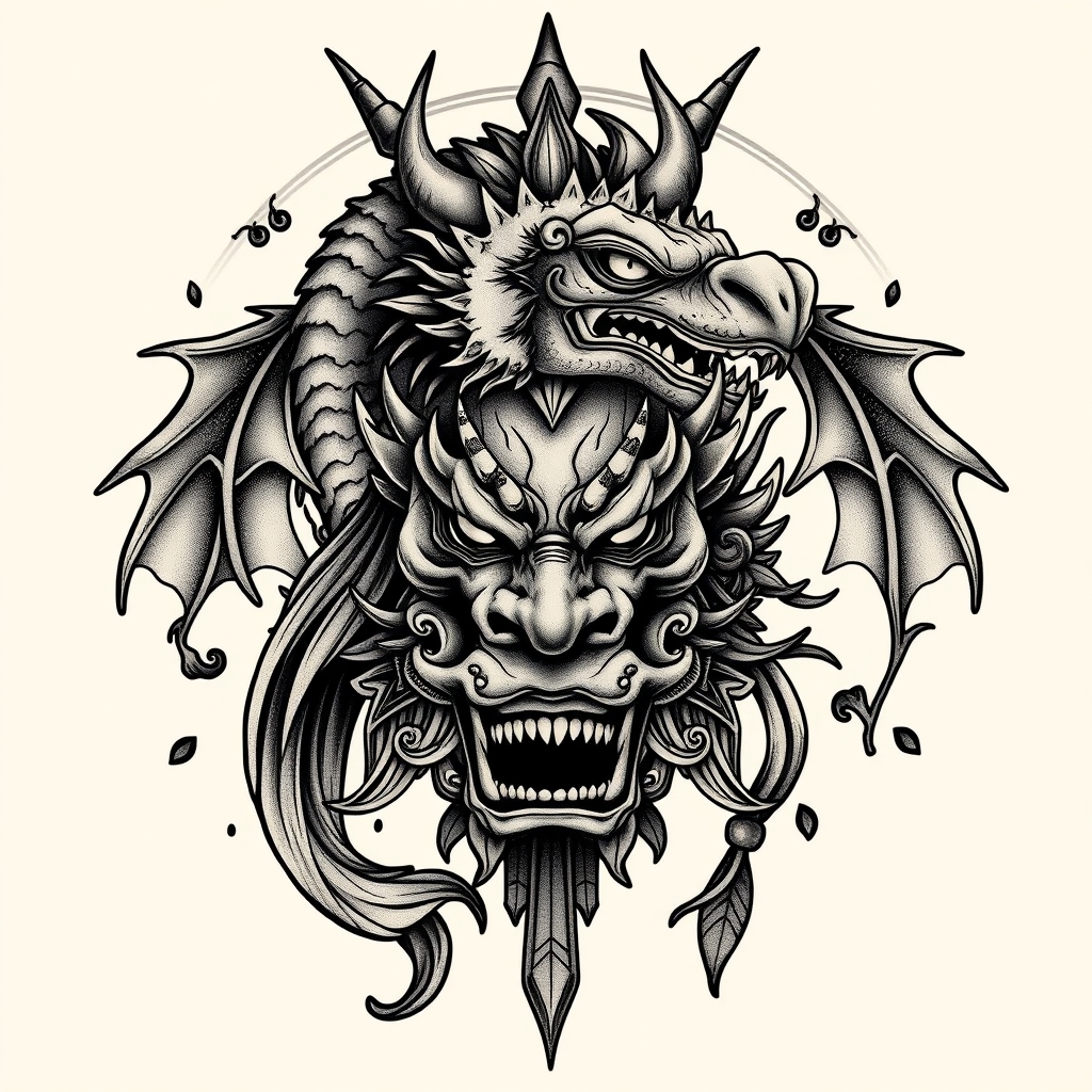 A tattoo design of Libra goddness, dragon head and oni mask in the style of surrealistic. - mythical creatures tattoo design generated by AI tattoo generator