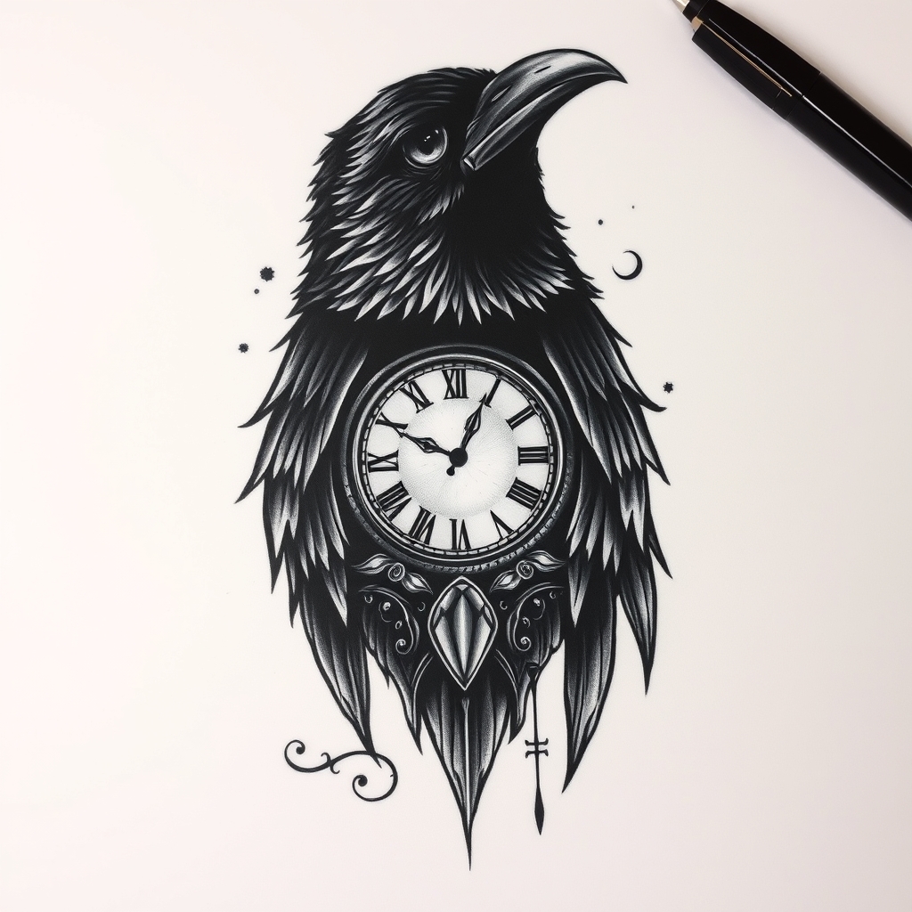 A tattoo design of Eyes and black raven with a clock in the style of surrealistic. - animals birds tattoo design generated by AI tattoo generator