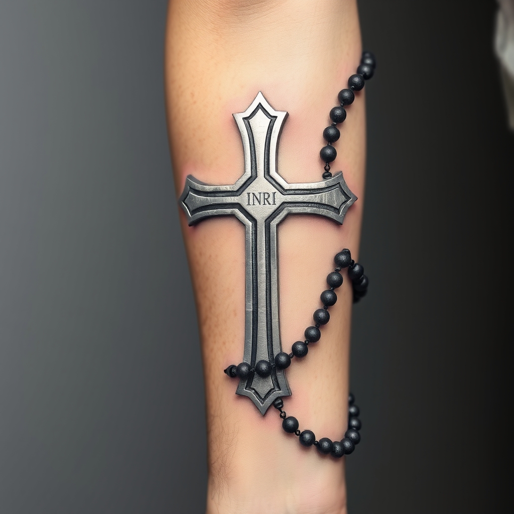 A tattoo design of Realistic Ukrainian Orthodox Cross + Rosary Cross: A vertically aligned Ukrainian Orthodox cross featuring all three traditional bars—the short top beam (INRI), the long middle bar, and the slanted bottom beam (higher on the left, lower on the right). It’s rendered in brushed metal texture—suggestive of aged silver or iron—with soft bevels and fine distressed details for depth and authenticity. Rosary: realistic rosary wraps elegantly around the cross, spiraling naturally around both the cross and your right forearm: 59 lifelike beads with individual highlights and shadows for a 3D effect. The crucifix end gracefully trails toward your wrist, completing the chain. Placement & Scale: Designed to sit on the outer right forearm, oriented vertically. The piece measures around 5–7 inches in height (adjustable to your arm’s shape), ensuring a balanced and impactful look. --- ✅ What’s Next? 1. Share this mockup with your tattoo artist for precise drafting—adjust bead size, cross angles, your arm’s proportions. 2. Choose your final metal finish: Brushed steel Hammered texture Polished silver highlights. in the style of realistic. - orthodox cross with rosary tattoo design generated by AI tattoo generator