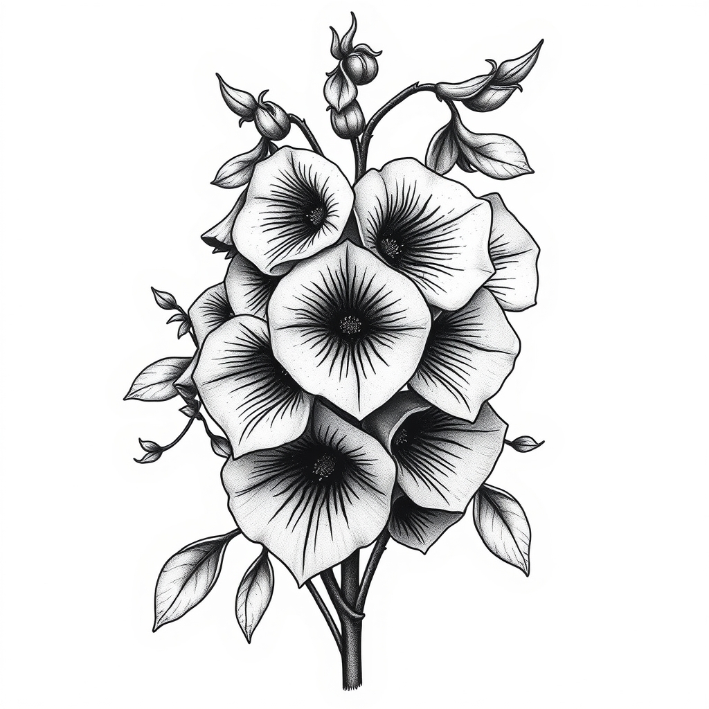 A tattoo design of  foxglove flowers in black and white in the style of realistic. - floral tattoo design generated by AI tattoo generator
