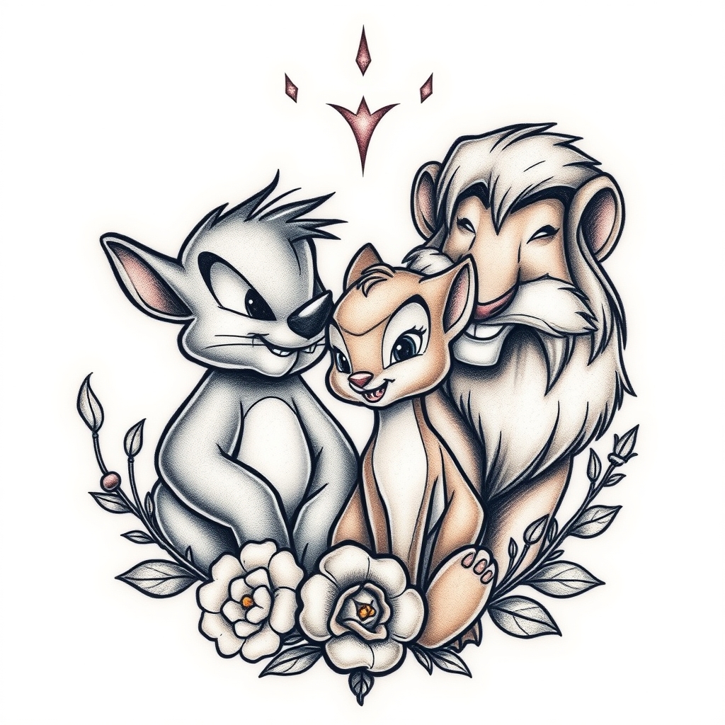 A tattoo design of Disney characters dumbo bambi the lion king in the style of realistic. - disney characters tattoo design generated by AI tattoo generator