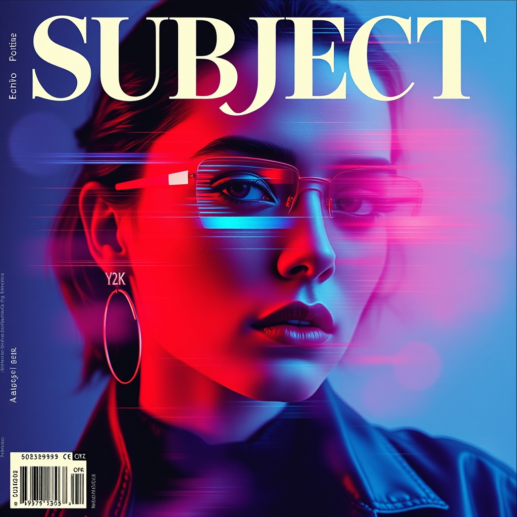 A tattoo design of minimalist screen print line art fashion magazine cover with bold typography of a {subject} in the style of y2k, red and blue lighting, double exposure risograph portrait of a retrofuturistic scene, glitchcore style with foggy neon lights, overlaying the face, digital glitch, color negative in the style of minimalist. - retrofuturistic animal tattoo design generated by AI tattoo generator