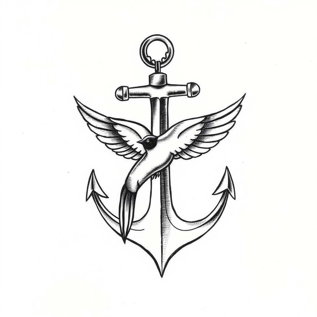A tattoo design of Swallow and Anchor in the style of blackwork. - nautical symbols tattoo design generated by AI tattoo generator