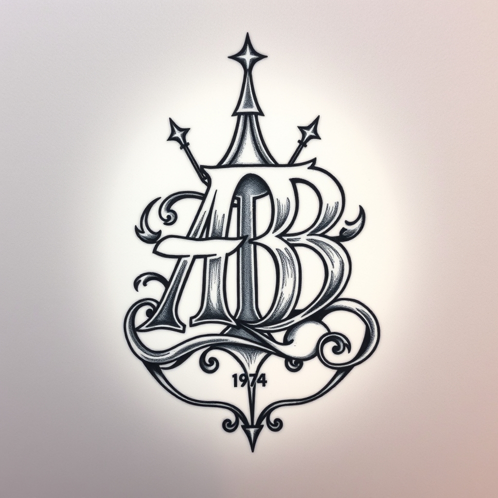 A tattoo design of Initials AB, year 1974,  in the style of surrealistic. - initials and date tattoo design generated by AI tattoo generator