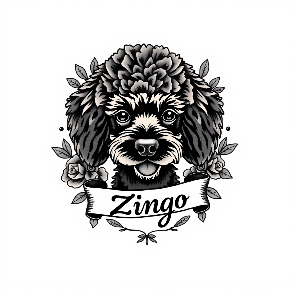 A tattoo design of Adult Black poodle head with a banner saying ”Zingo”. Should have some nice frame look like roses, leafs and dogbones in the style of traditional. - animal portrait tattoo design generated by AI tattoo generator
