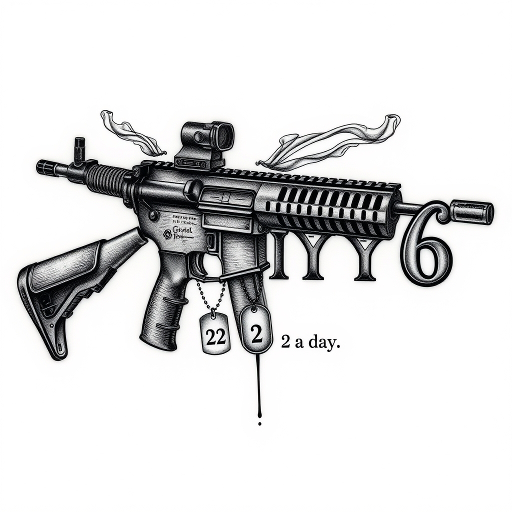 A tattoo design of Vertical M4 Carbine with detailed barrel, tactical rail, and collapsible stock Dense, curling smoke rising from the barrel, drifting around the rifle and weaving through the IGY6 lettering Bold, vertical “IGY6” aligned beside the rifle, smoke integrated Two dog tags hanging mid-stock, one engraved with “22 a day” in military-style font Subtle semicolon (";") positioned directly under the “6,” nestled beneath the dog tags in the style of realistic. - military firearm tattoo design generated by AI tattoo generator