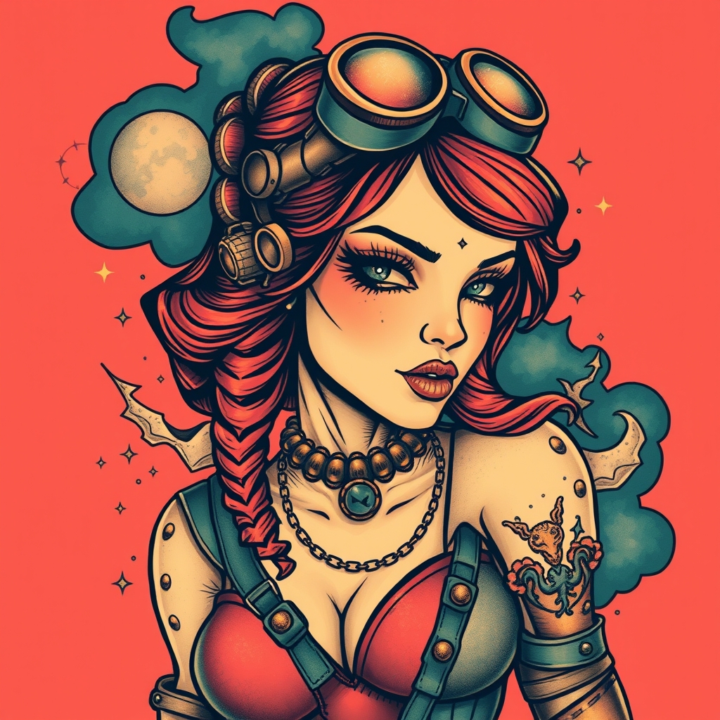A tattoo design of Steampunk superhero girl who is strange in the style of surrealistic. - steampunk superhero tattoo design generated by AI tattoo generator