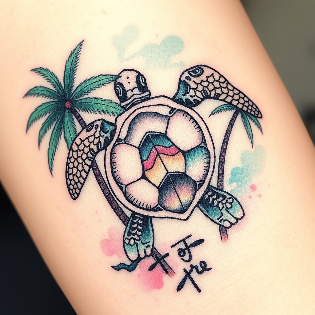 A tattoo design of sea turtle, palm trees, feminine in the style of watercolor. - island landscape tattoo design generated by AI tattoo generator
