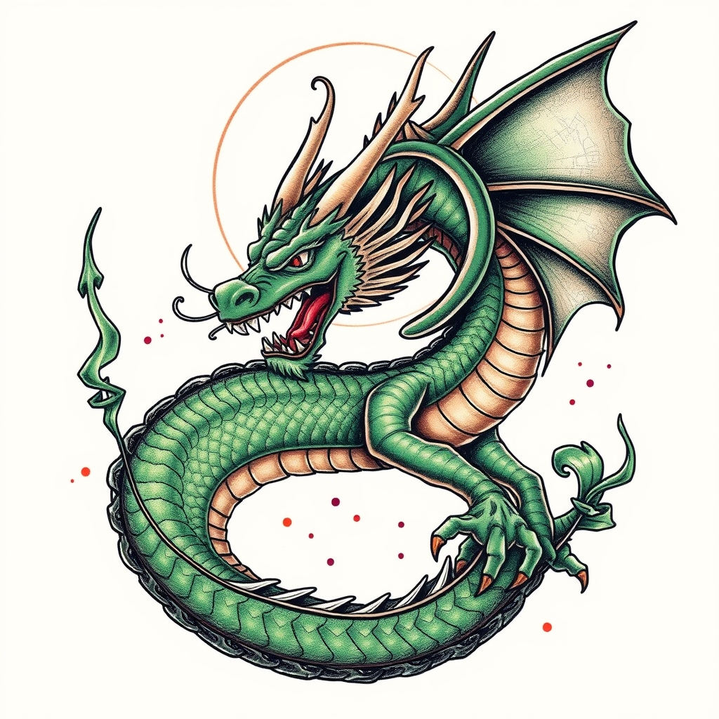 A tattoo design of Green Dragon in the style of surrealistic. - mythical creatures tattoo design generated by AI tattoo generator