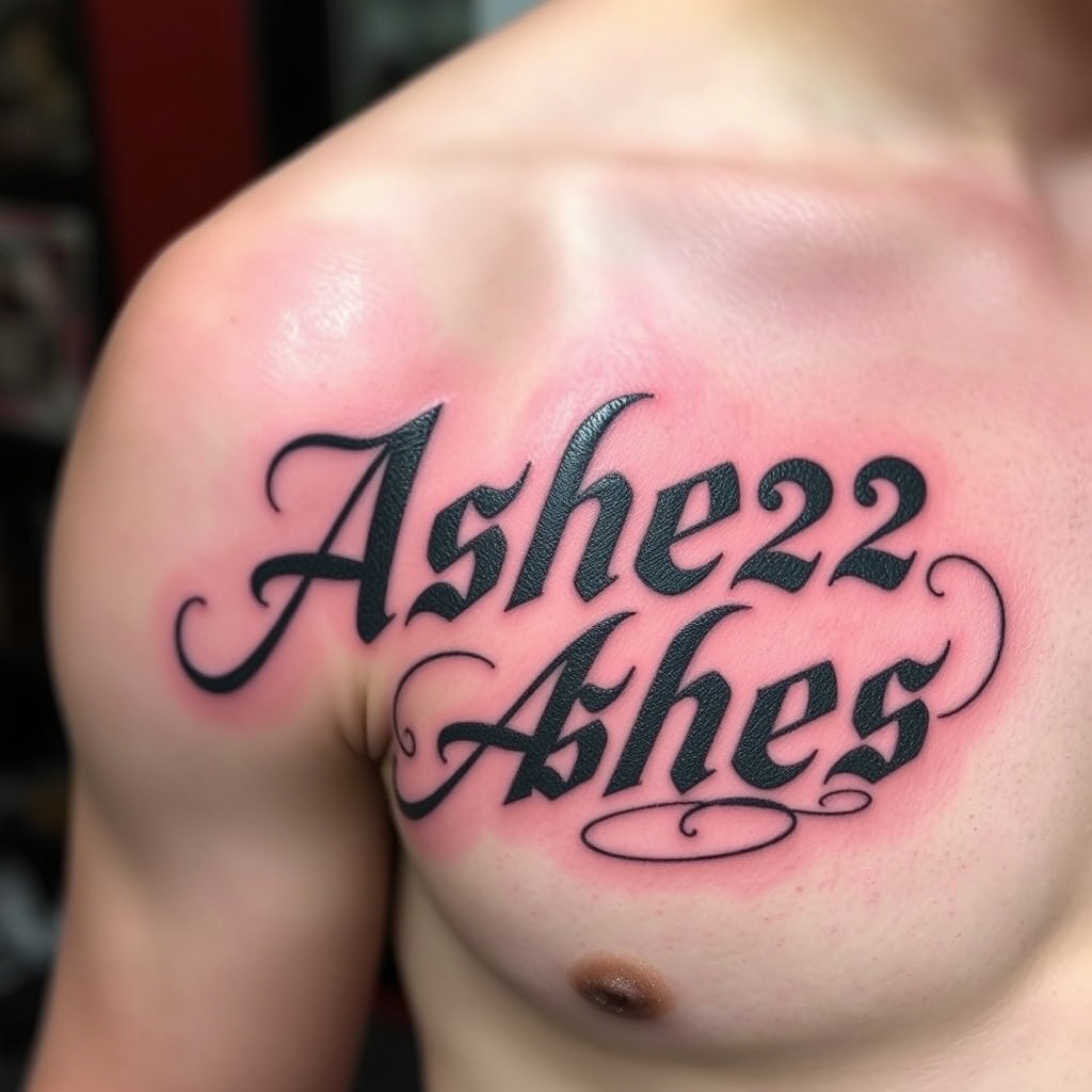 A tattoo design of Words "Ashes 222 Ashes" on left pectoralis in the style of traditional. - text tattoo design generated by AI tattoo generator