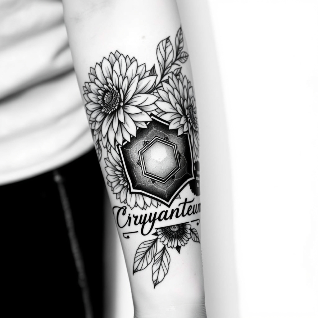 A tattoo design of Black and white from elbow to hand, blooming Chrysanthemums, honeycomb, the word Chrysanthemum in the style of geometric. - floral designs tattoo design generated by AI tattoo generator